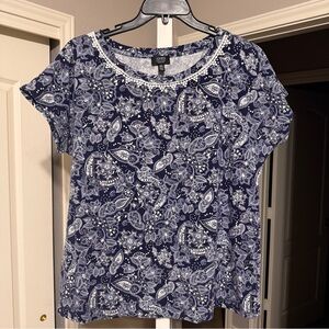 Jones New York Navy Paisley Short Sleeve Top